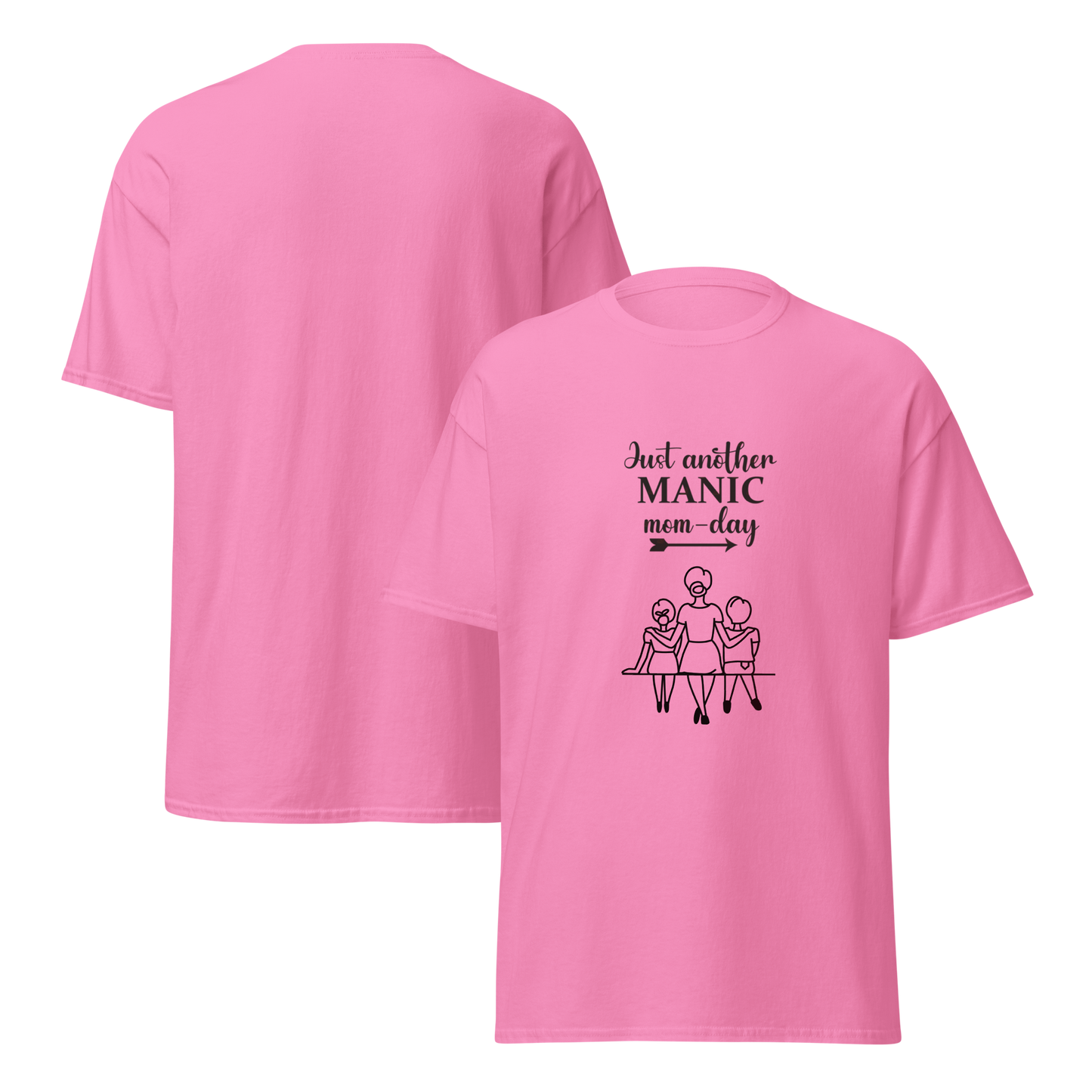 Pink unisex cotton tee featuring 'Just another manic mom-day' graphic for trendy, breathable streetwear.