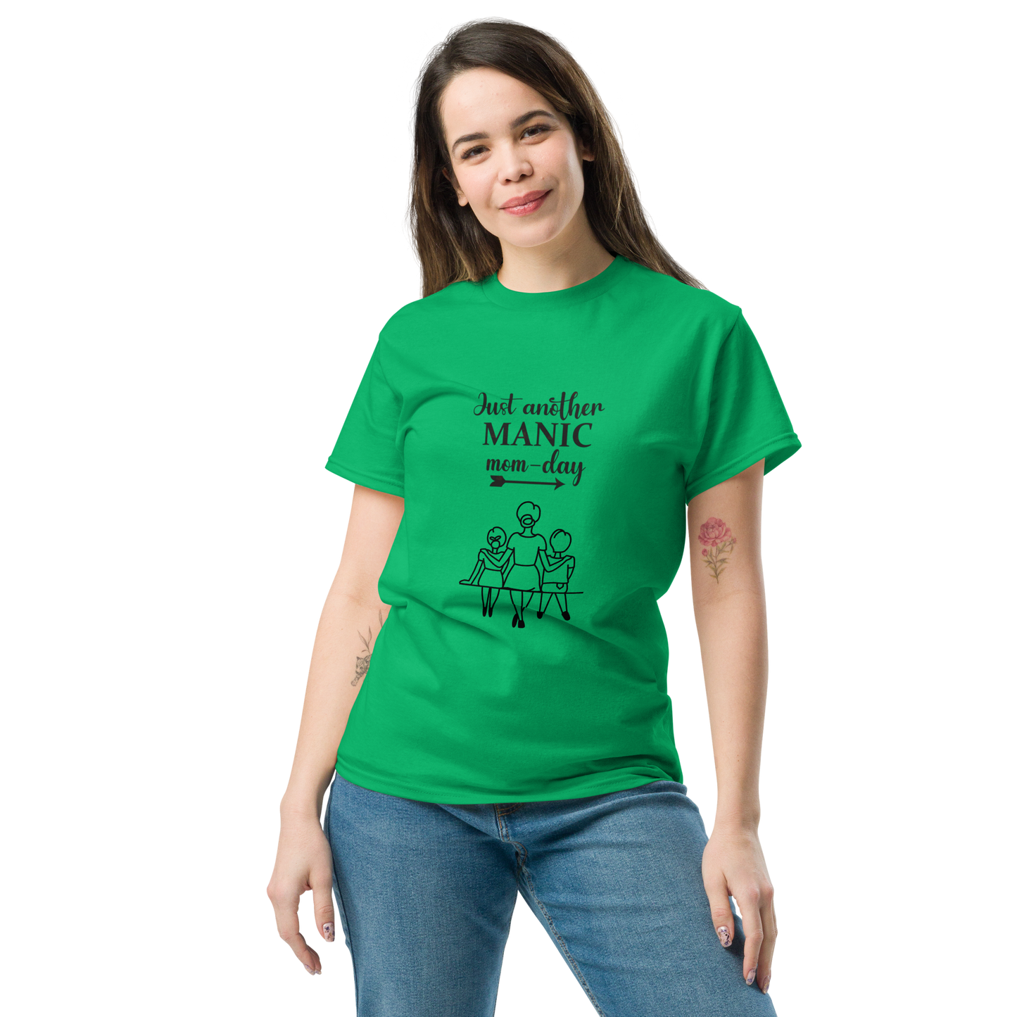 Green unisex classic tee, 100% cotton, featuring 'Just another MANIC mom-day' print, perfect for trendy outfits.