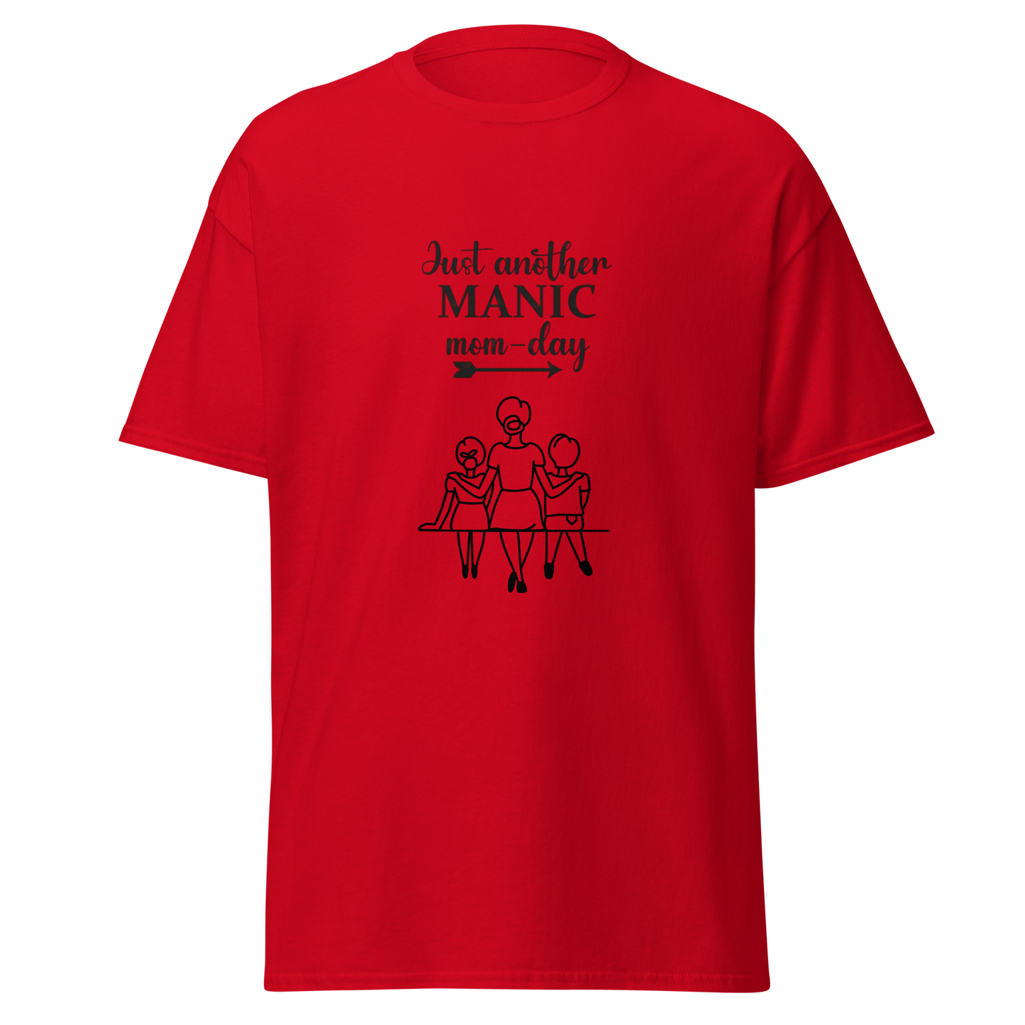 Red unisex classic tee with 'Just another MANIC mom-day' design, made of breathable cotton poly blend.
