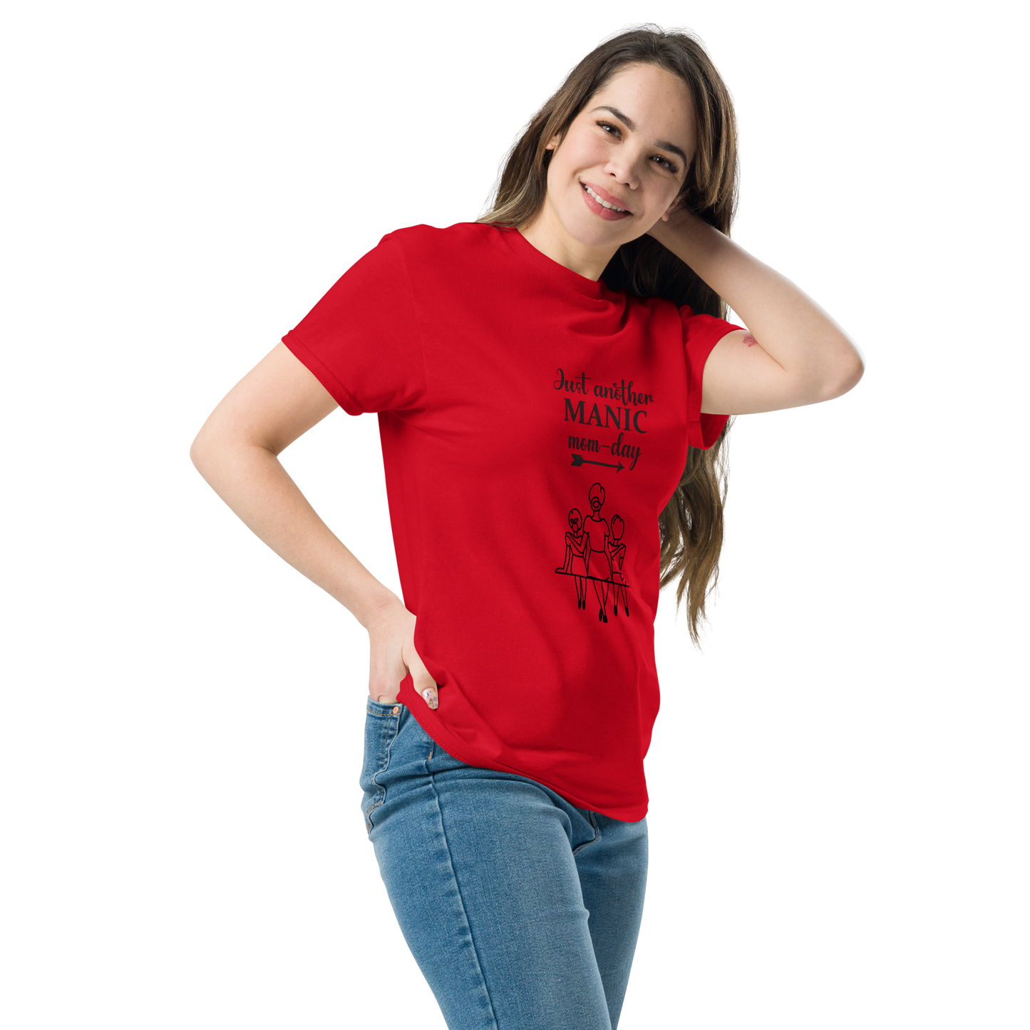 Unisex red tee shirt with 'Don't Confuse MANIC Mom-Day' print, comfortable, breathable cotton blend.
