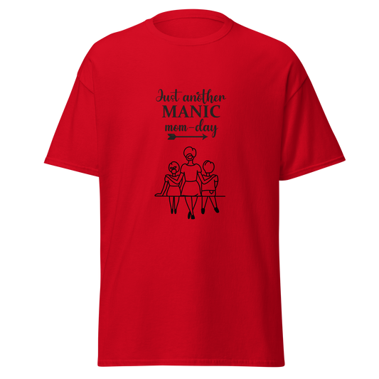 Red unisex classic tee with 'Just another MANIC mom-day' design, made of breathable cotton poly blend.